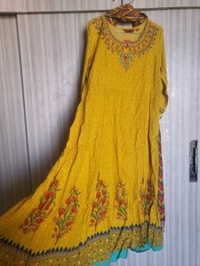 Yellow Embroidered Anarkali With Dupatta