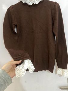 Imported Brown Sweater Top with Lace Collar