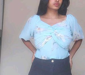 Chic Pleated Floral Off-Shoulder Top – Mint Blue