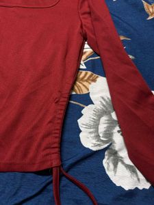 Red Drawstring Long Sleeve Top