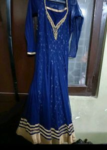Elegant Blue Ethnic Gown with Gold Embroidery