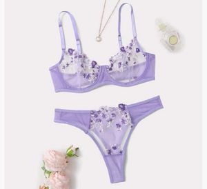 Floral Embroidery Lace Mesh Lingerie Set