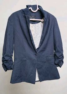 Navy Pinstripe Blazer with Stylish Ruched Sleeves