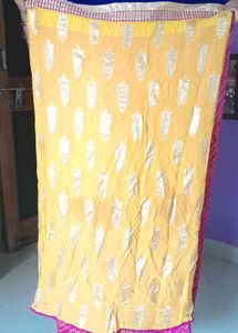 Pink Yellow Synthetic Saree