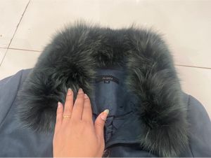 Furry Neck Teal Color Thigh Length Coat