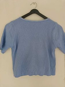 Blue Ribbed Ruched Button-Up Top