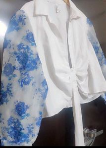 White Top Blue Floral Print Sleeves For 42 Bust
