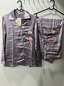 Embroidered Satin Pajama Set