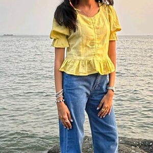 Yellow Two In One Crop Top With Self Detailing