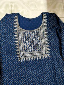 Navy Blue Embroidered Kurti Pant Dupatta Set