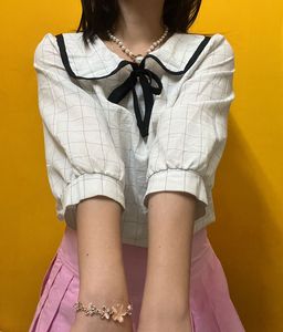White Black Strip Korean Bow Top