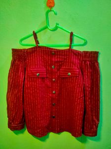 Red Striped Off-Shoulder Top Nd Free Gift Earrings
