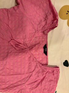 Pink Tie-Front Puff Sleeve Top