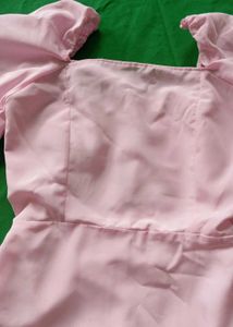 Pink Midi Dress with Puff Sleeves