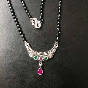PureSilver Single Line Green&amp;Pink Stone Mangalsutr
