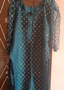 Teal Embellished Kurti with Mesh Sleeves