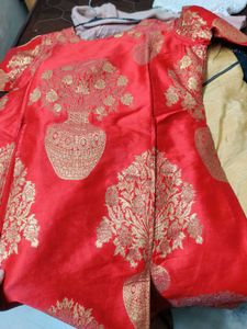Red Cut Slit Kurta With Golden Lehnga