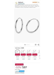925 Silver Hoop Earrings 12mm Diameter 2mm Thick