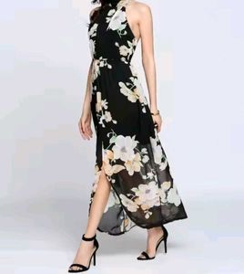 SHEIN Black Floral Slit Dress With Halter Neck