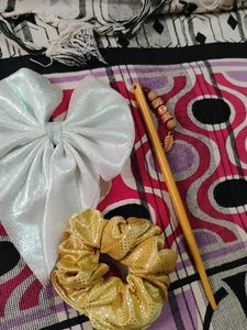 Combo Of Bow+ Scrunchies+Pencil Hair Clip