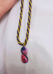 Pink Infinity Necklace With Yellow ,Violet Braid