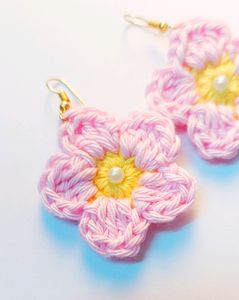 Handmade Crochet Pink Flower Earrings