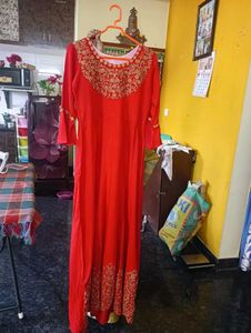 Red &amp; Gold Embroidered Anarkali Dress