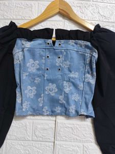 Korean Floral Denim Lace-up Corset Top