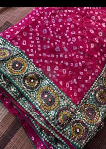 Pink Bandhani Sari with Embroidered Border