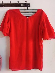 Red Ruffled Sleeve Top