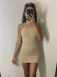 H&amp;M Beige Tan Textured Halterneck Mini Dress