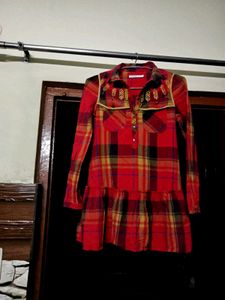 Velvet With Korean Plaid Embroidered Mini Dress