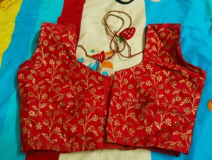 Designer Red Brocade Blouse with Golden Embroidery