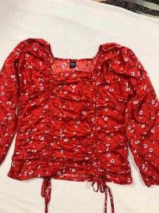 Red Floral Ruched Blouse