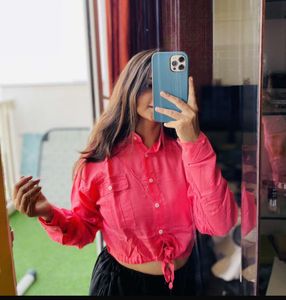Coral Cropped Tie-Front Shirt