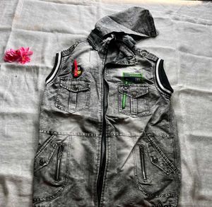 Gray Denim Vest with Hood