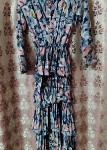 Falred Cute Leafprint Pink Blue Midi Dress