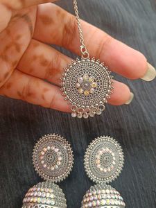 Silver Jhumka Earrings and Maangtika