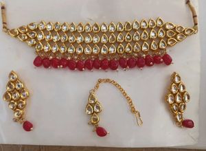 Kundan And Red Beads Dangling Choker