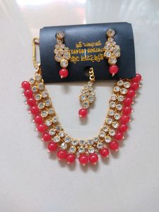 Nice Red Color Necklace With Earrings And Bindi