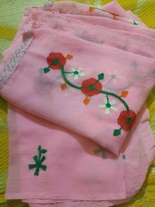 Texture Chiffon Pink ColorThread Embroidery Saree
