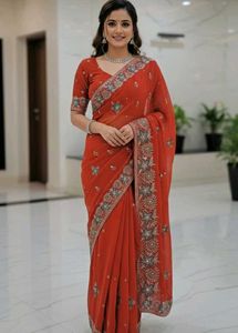 Elegant orange Embroidered Saree