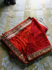 Red &amp; Orange Bandhani Saree