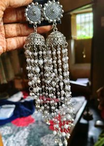 Long Statement White Pearl Earrings