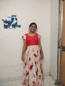 Red And Cream Flowing Ethnic Frock