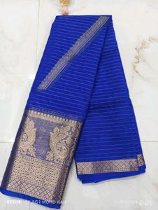 Elegant Blue Striped Organza Check Saree