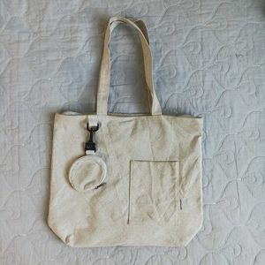 Beige Canvas Tote Bag with Pouch