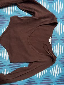 Brown Ribbed Long Sleeve Top