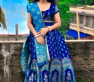 Navy Blue and Turquoise Banarasi Silk Work Lehnega