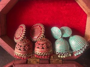 Cute Jhumka Earrings Sets, dark red &amp; green jhumk